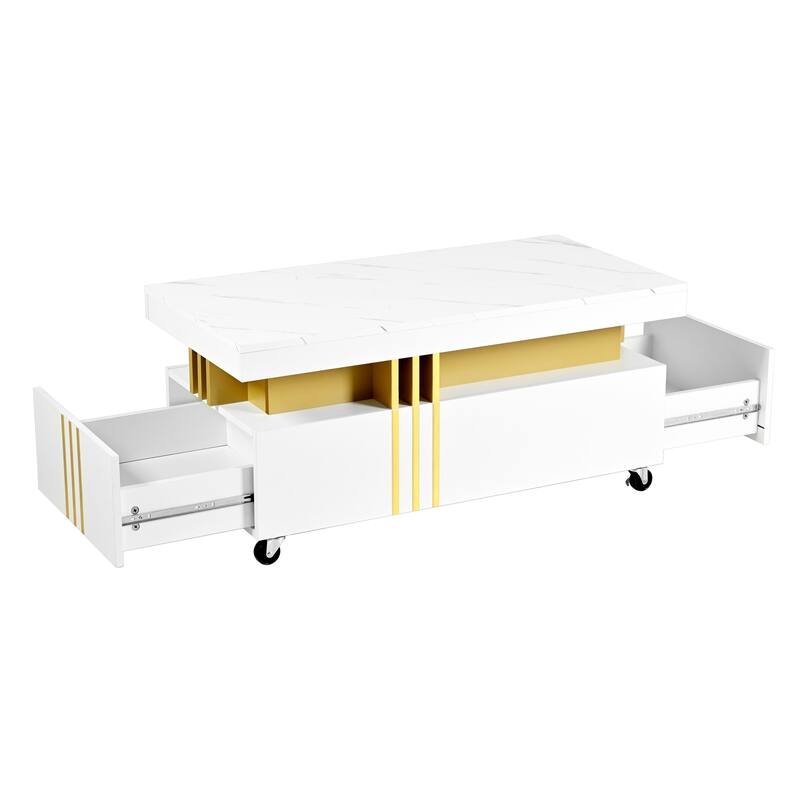 Contemporary Coffee Table with Faux Marble Top, Rectangle Cocktail Table with Caster Wheels