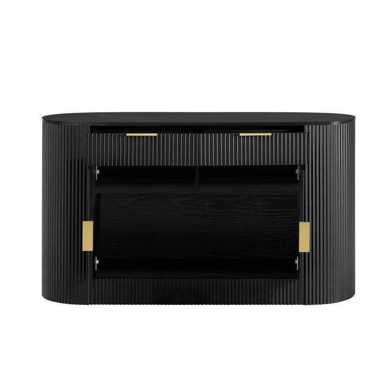 55.1" Modern Storage Cabinet with 2 Doors & 2 Drawers, Stripe MDF Sideboard with Curved Door & 3-Tier Shelves for Multiple Rooms