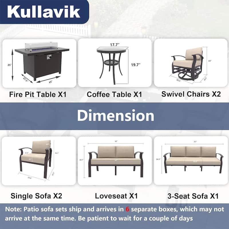 Kullavik Aluminum Outdoor Patio Furniture with Curved Armrests & Firepit Table