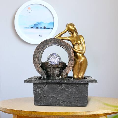 Indoor Tabletop Zen Water Fountain w/LED Light and Ball for Home Decor