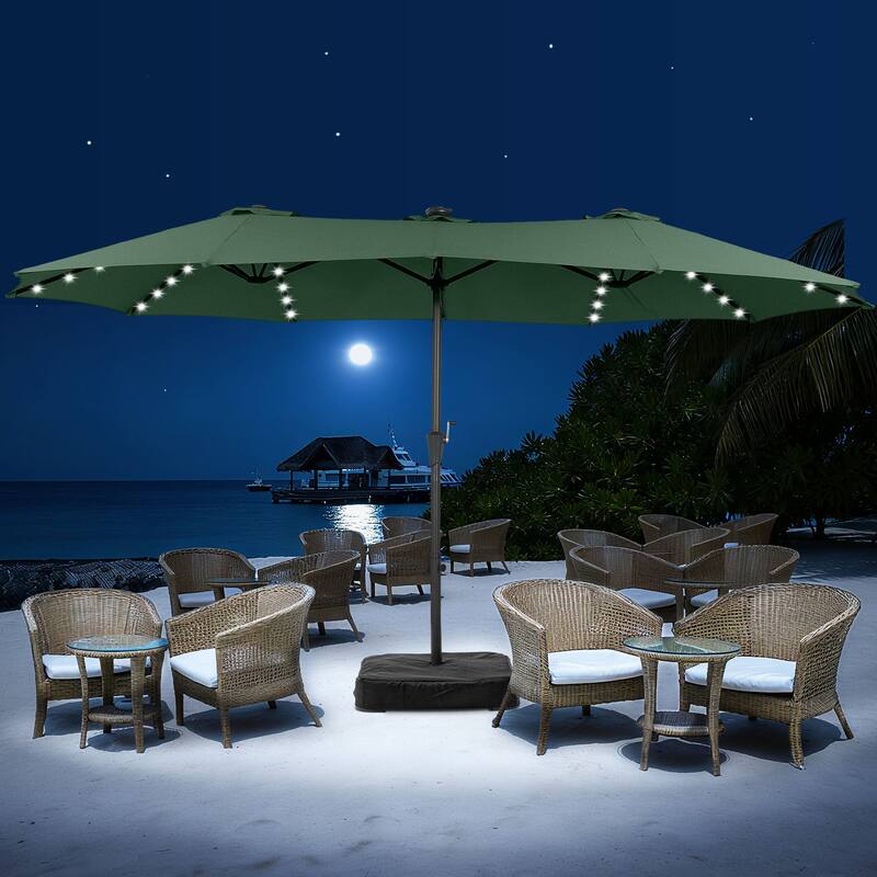 15ft Patio Umbrella Outdoor Market Umbrella with Base and LED Lights - Green