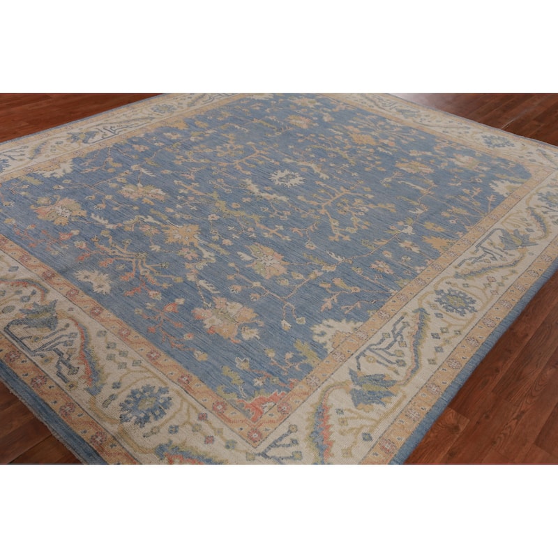 Oushak Vegetable Dye Area Rug Hand-Knotted Blue Floral Wool Carpet - 8'2" x 10'0"