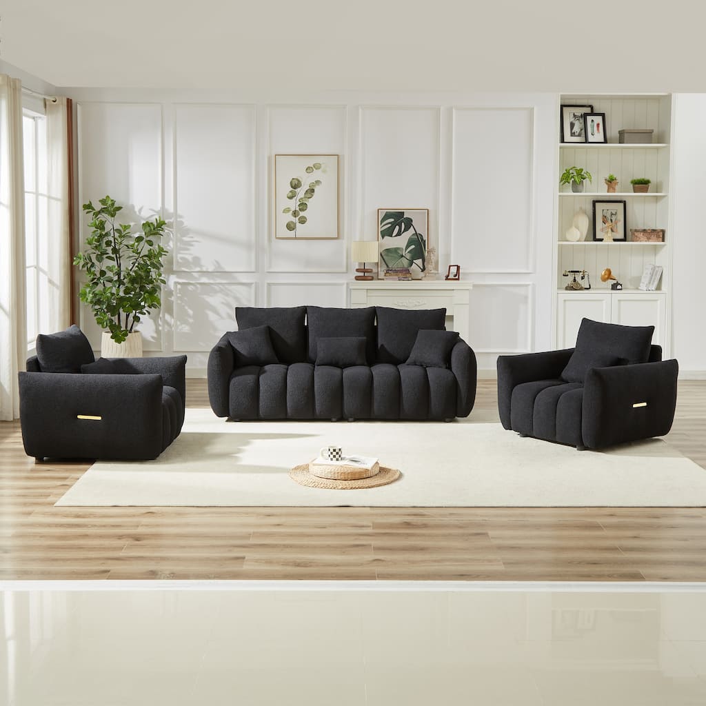 1+1+3 Seater Sofas Set of 3, Teddy Fabric Couches with Wooden Frame and Cushions, Armrests Side with Metal Strip Decorations