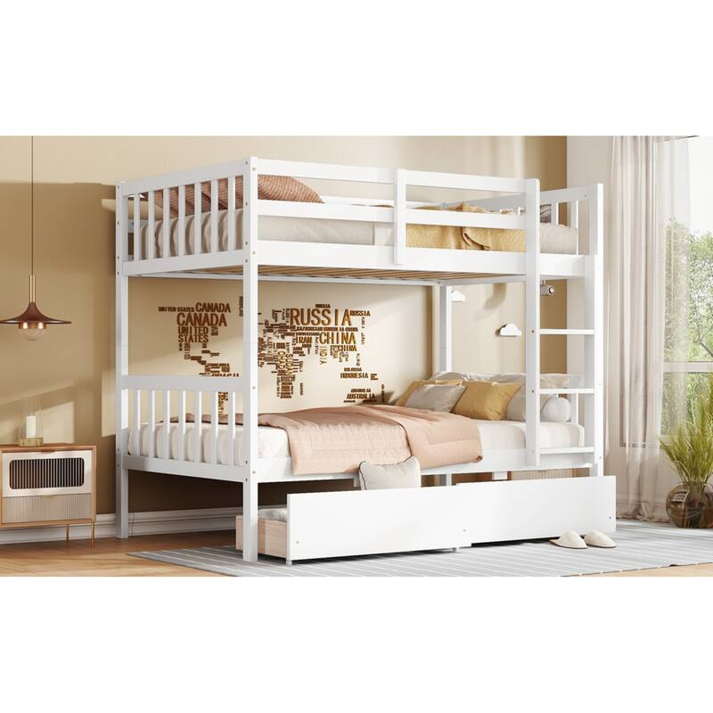 Roomfitters Twin Over Twin Rubber Wood Bunk Bed with Underbed Storage, Convertible to 2 Twin Beds, Ladder & Guardrails