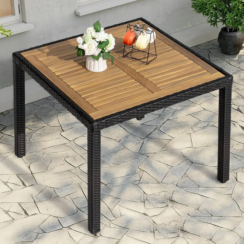 Patio Dining Table, Acacia Wood Top, PE Rattan-Wrapped Metal Frame, Black