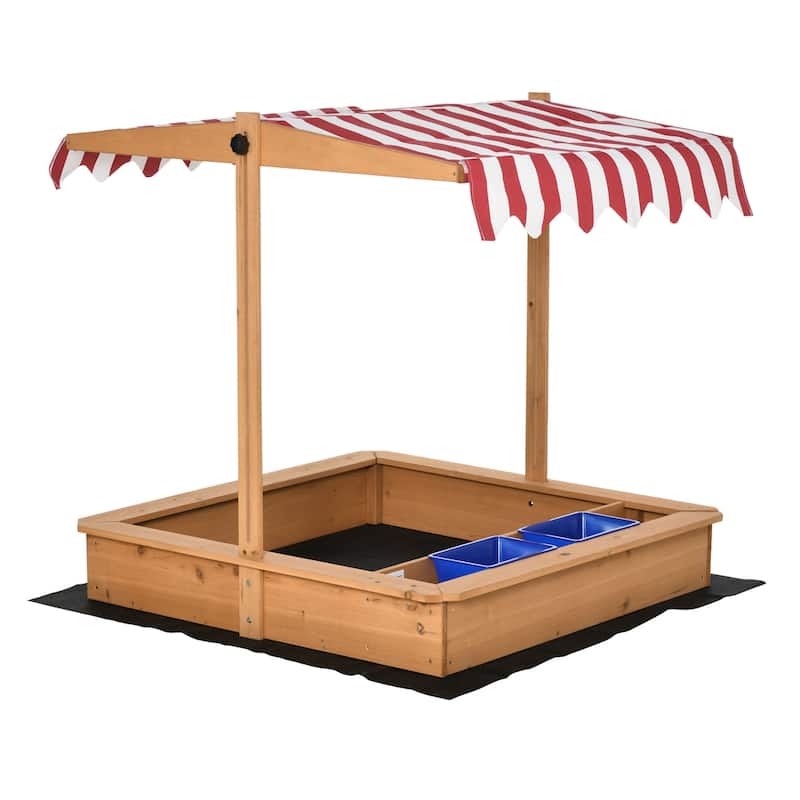 Outsunny Kids Sandbox with Cover and Adjustable Canopy, Children's Wooden Sandbox Backyard Toy - 42.25" x 42.25" x 43.25"