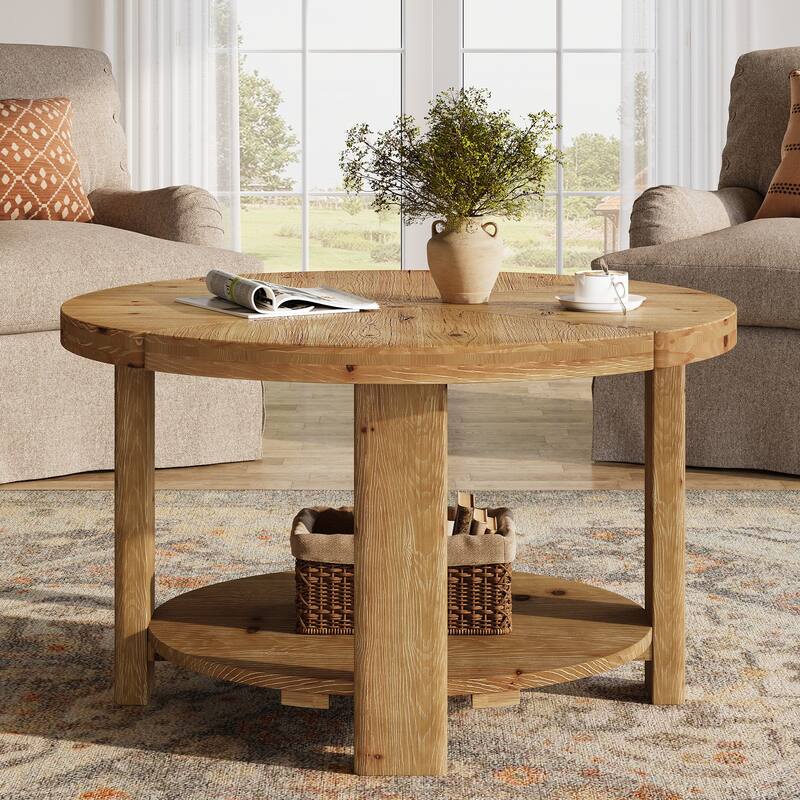 2-Tier Round Coffee Table, 31.5" Farmhouse Solid Wood Coffee Table