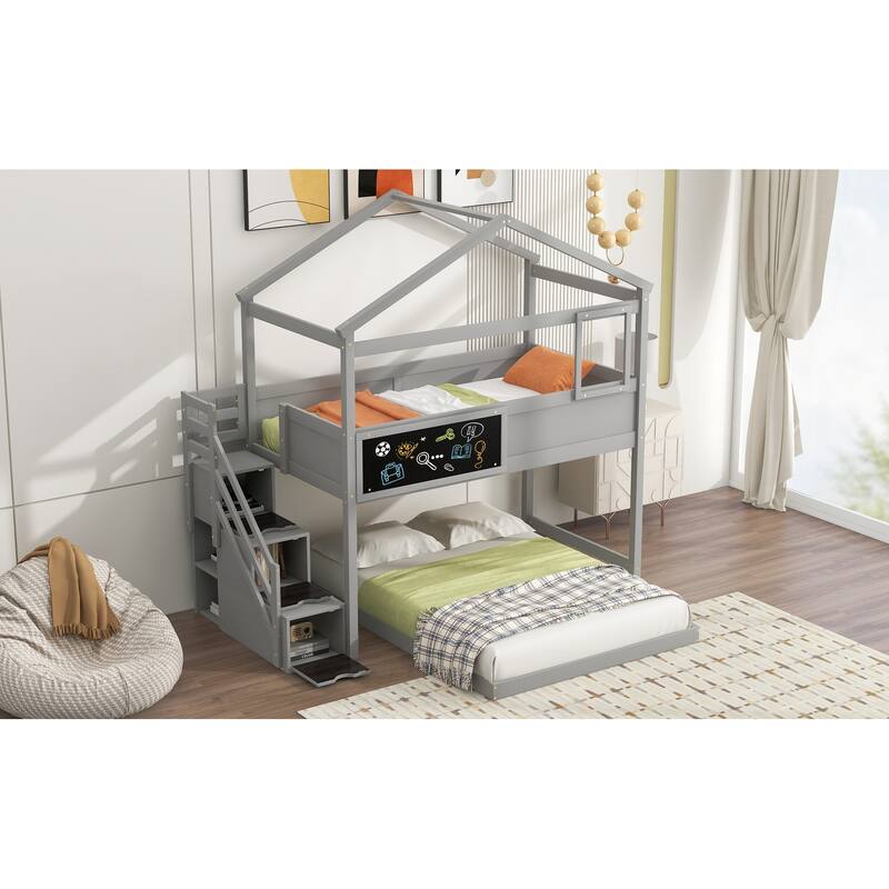 Twin over Full Bunk Bed with Storage Stairs and Blackboard, Gray