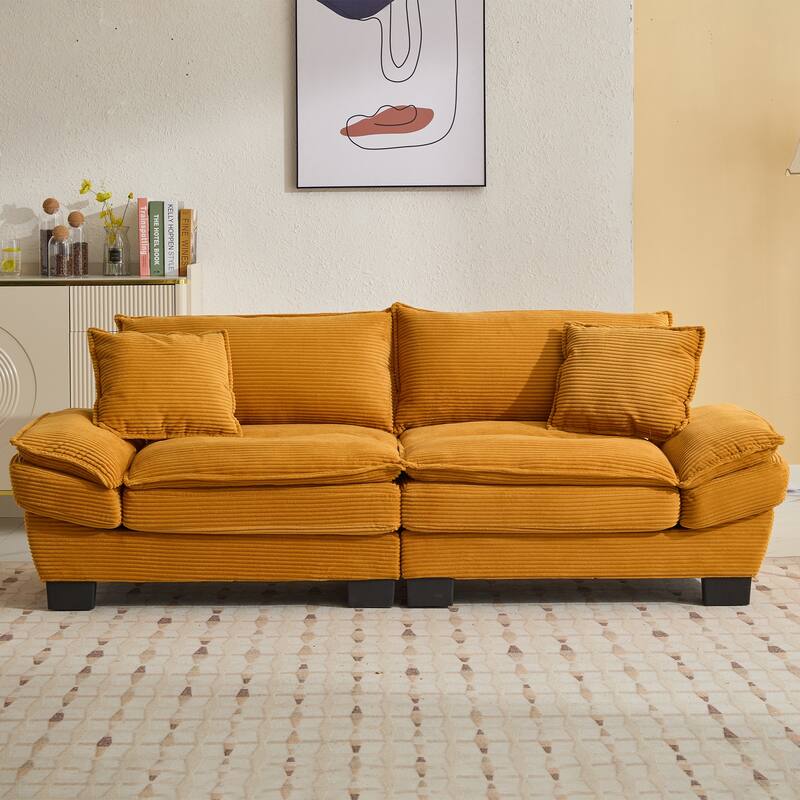 84 Inch Modern Style Sleeper Sofa, Corduroy Upholstered Sofa with Pillows,Deep Seat - Yellow