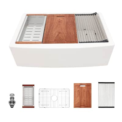 Kichae 33 Inch Ceramic Sink Farmhouse Workstation Apron Front White Kitchen Sink - 33 in.W x 21 in.D x 10 in.H
