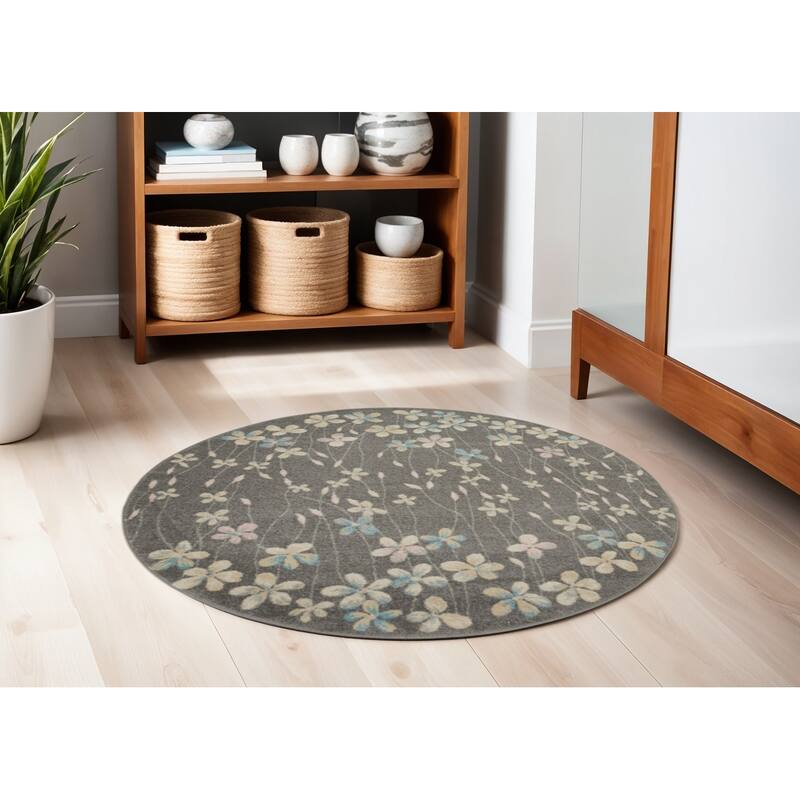 HomeRootsFloral Contemporary Round Area Rug - 63' X '63' X '0.5 - 63' X '63' X '0.5 - Beige/Gray