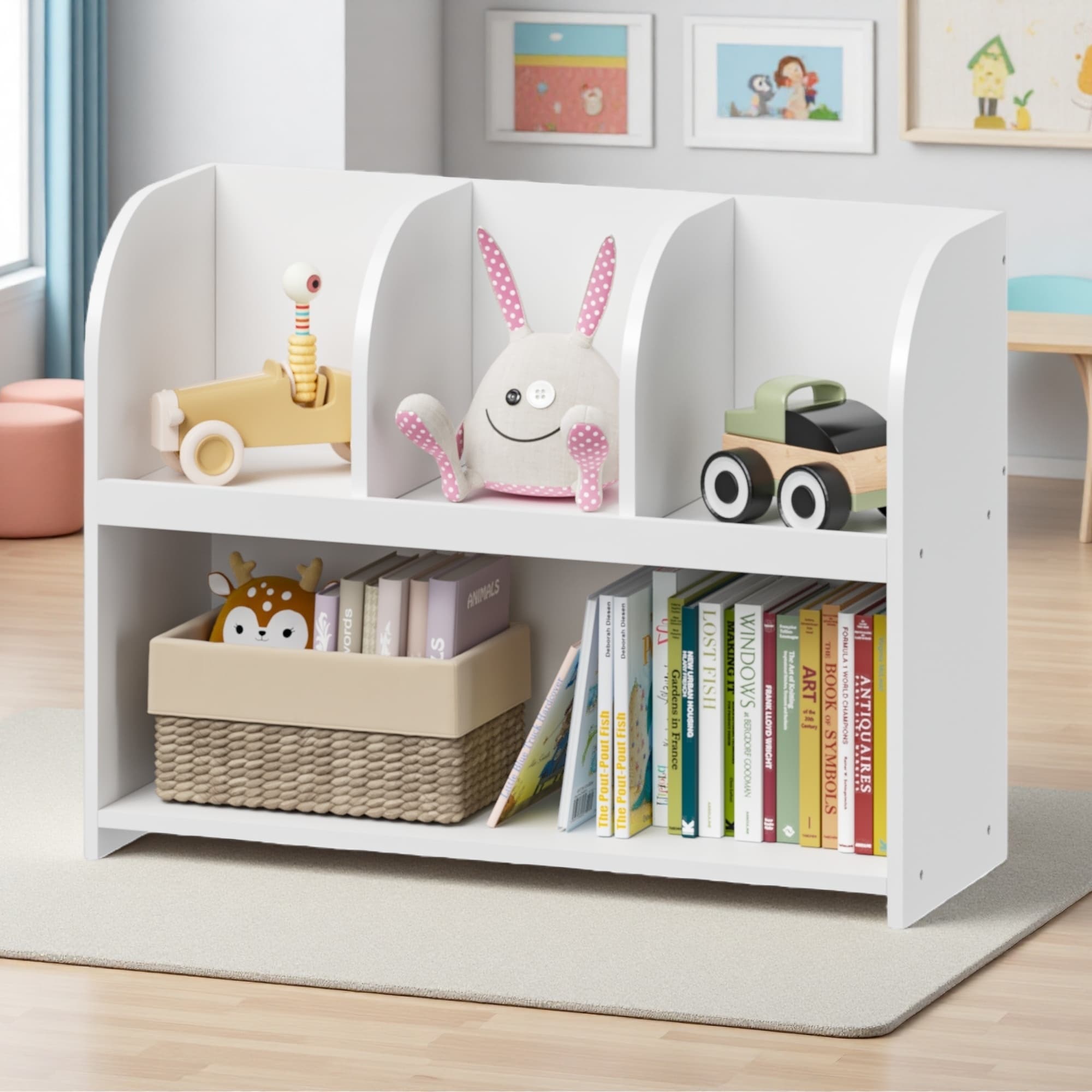 23.62"H Kids 4-Compartment Bookcase, MDF Shelf with Safety Buckle, Toy Organizer