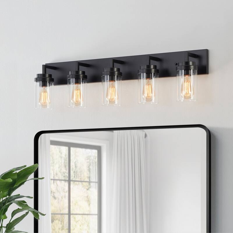 KAWOTI 5-Light Dimmable Bathroom Vanity Light with Clear Glass Shade - Black