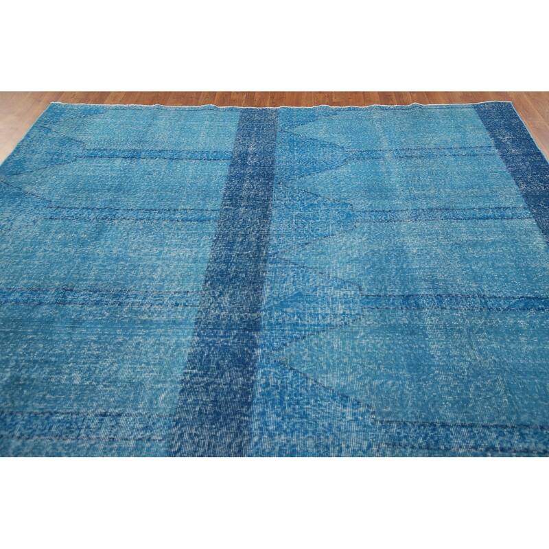 Over-Dyed Blue Anatolian Distressed Vintage Rug Handmade Wool Carpet - 7'10" x 14'0"