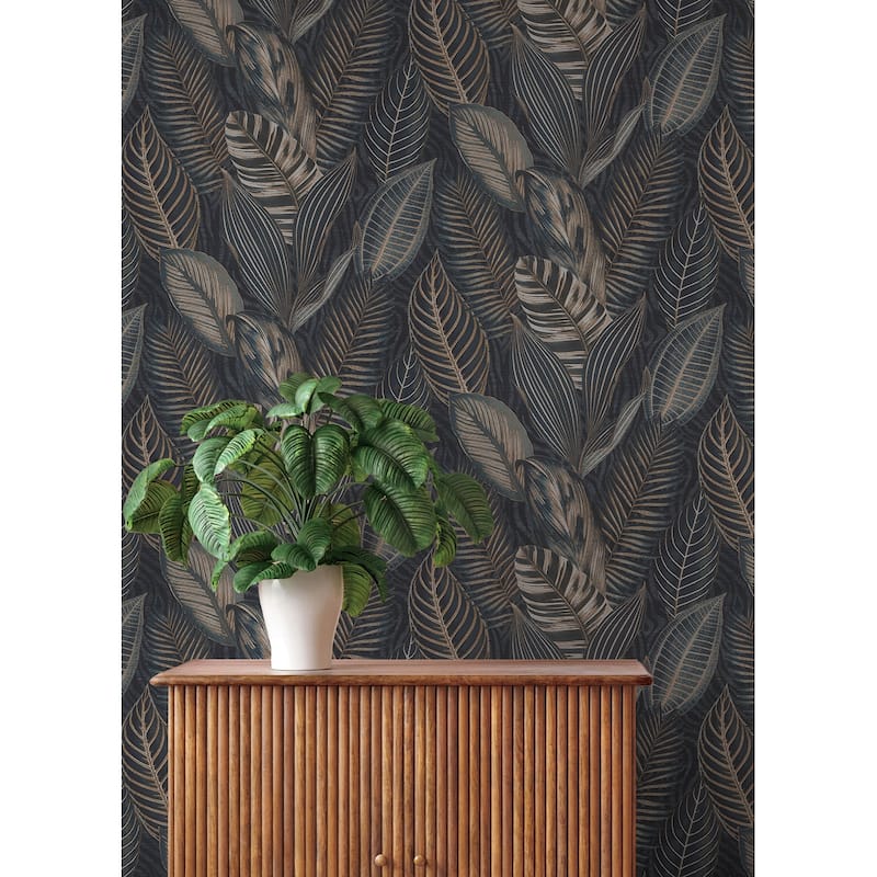 A-Street Prints Acacius Dark Blue Tropical Foliage Wallpaper