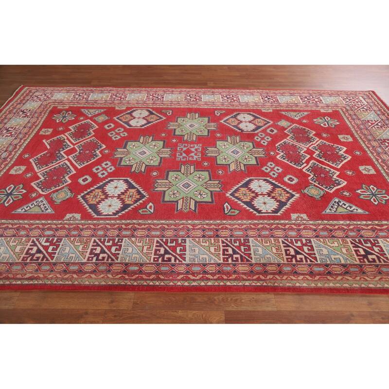 Hand Knotted Oriental 100% Wool Carpet Traditional Geometric Red Kazak Area Rug - 10' 5'' X 6' 6''
