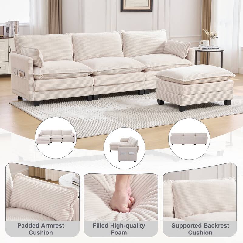 Oversized Modular Sectional Sofa with Ottoman, 102 Inch 4 Seat Corduroy L Shaped Couch for Living Room