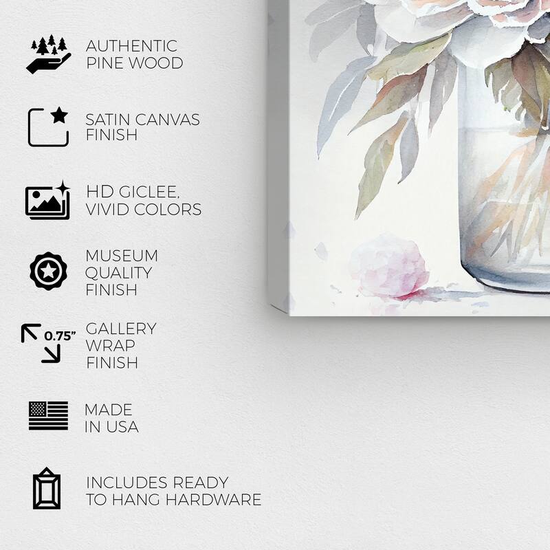 Wynwood Studio Canvas Floral and Botanical Peony Vase Gray and Light Gray Traditional Wall Art Canvas Print