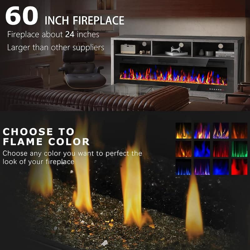 BOSSIN Fireplace 65" TV Stand for TVs Up to 75" TV with 60" Electric Fireplace,Entertainment Center with Open Shelve Storage
