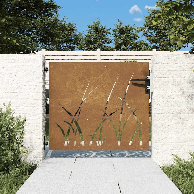 vidaXL Garden Gate Decorative Door Outdoor Fence Corten Steel Grass Design - 33.5 x 1.2 x 29.5"