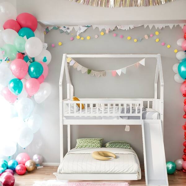 slide 2 of 24, Kid-Friendly Design Twin over Full House Bunk Bed with Slide and Built-in Ladder, Full-Length Guardrail White