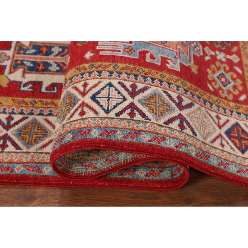 Red Geometric Kazak Oriental Accent Rug Hand-Knotted Wool Carpet - 4'3" x 6'0"