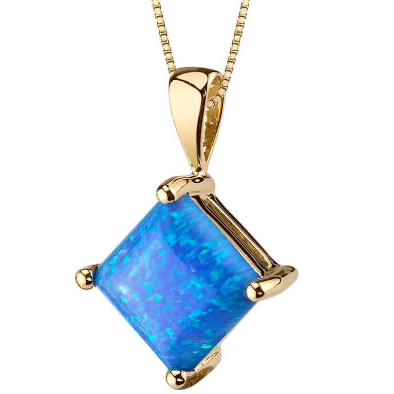 14k Yellow Gold Gold Princess Cut Created Blue Opal Pendant