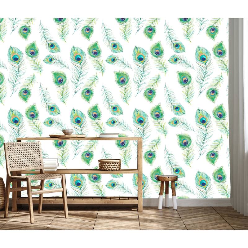 Peacock Feathers 10'L x 24''W Peel and Stick wallpaper - Green