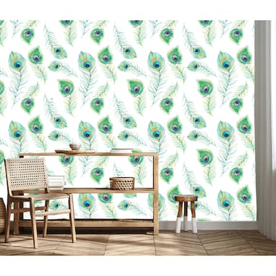 Peacock Feathers 10'L x 24''W Peel and Stick wallpaper