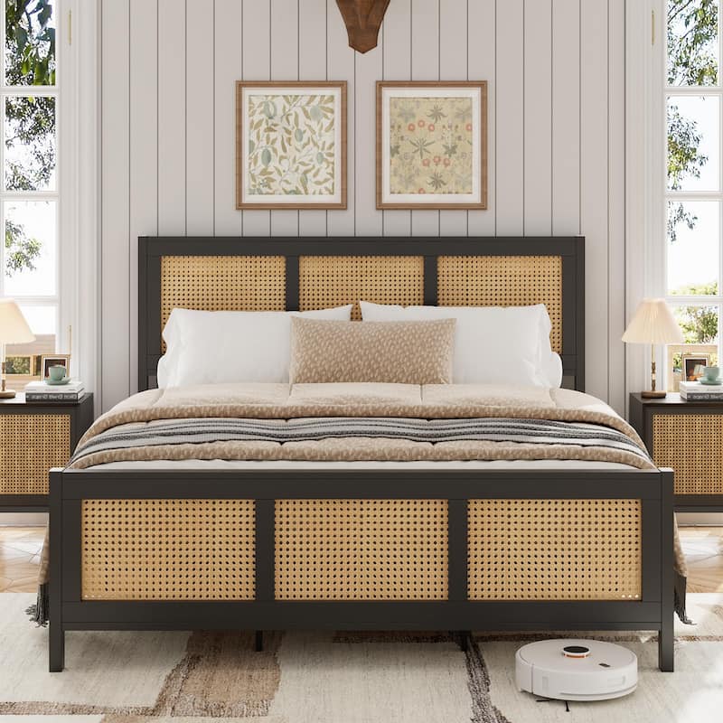 Rattan Bed Frame with Headboard, White Boho Cane Platform Bed Frame with Strong Metal Slat, Noise Free - Black - Queen