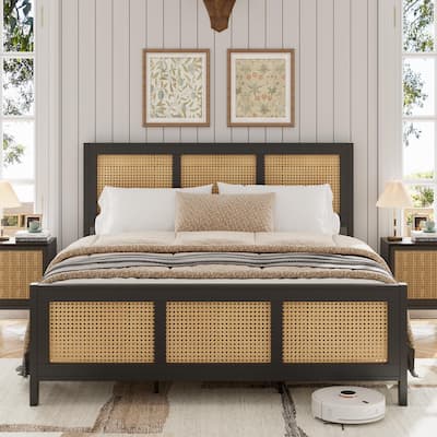 Rattan Bed Frame with Headboard, White Boho Cane Platform Bed Frame with Strong Metal Slat, Noise Free