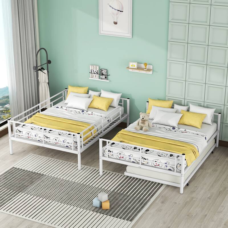 Full Over Full Metal Bunk Bed with Trundle in White, Black or Silver - Sturdy Iron Frame, Space-Saving Design