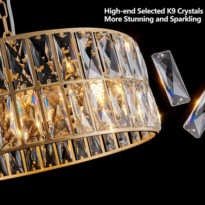 18" Golden Modern Crystal Drum Chandelier, 6-Light Pendant Lighting Fixture with Metal Frame (Bulbs Not Included)