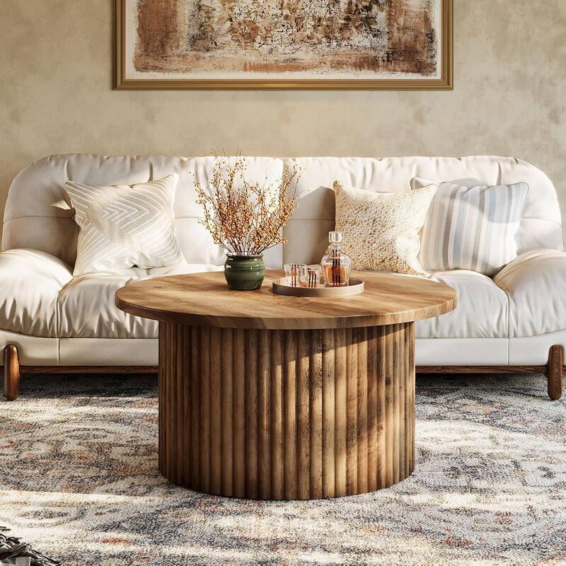 31.5" Farmhouse Round Coffee Table, Circle Center Table with Fluted Drum Base & Wooden Grain Veneer Top