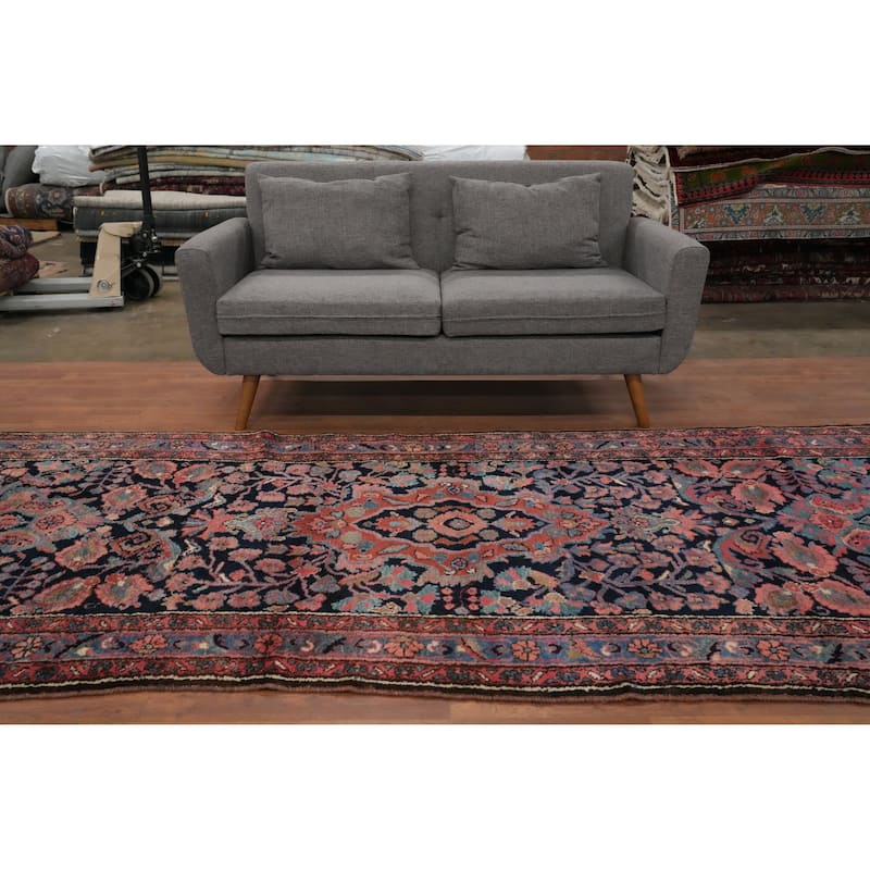Hand Knotted Oriental 100% Wool Carpet Traditional Floral Navy Blue & Blues Lilian Runner Rug - 12' 2'' X 4' 5''