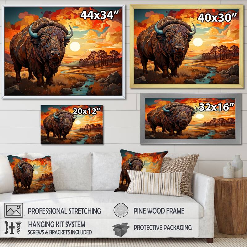Designart "Native Buffalo Guardian Of Meadow" Native American Art Framed Wall Art Living Room