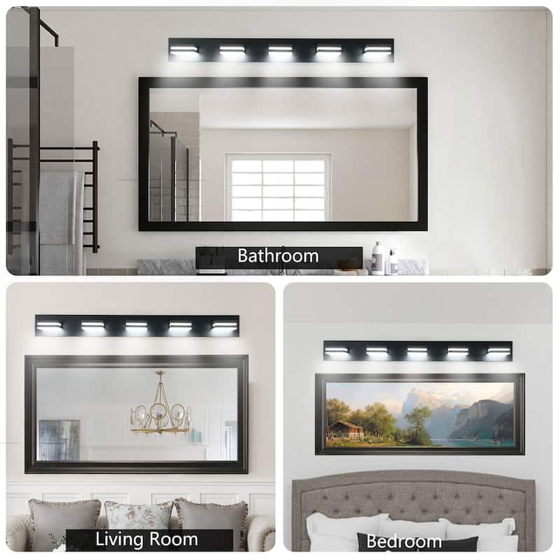 Modern Black LED Vanity Light, 5-Lights Wall Sconce for Bathroom and Mirror, Sleek Minimalist Design, Energy-Efficient