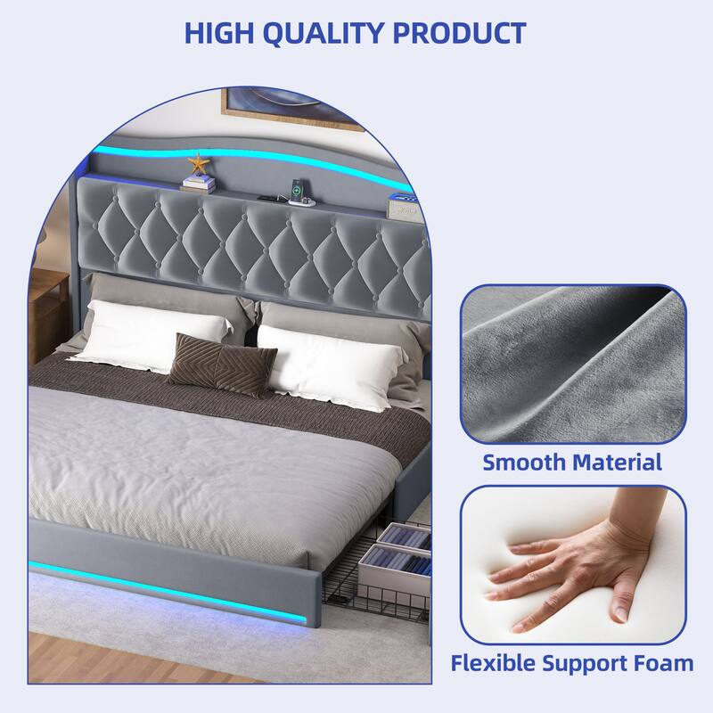 Moasis Queen Size Velvet Upholstered Bed Frame with 4 Storage Drawers & RGB Lights