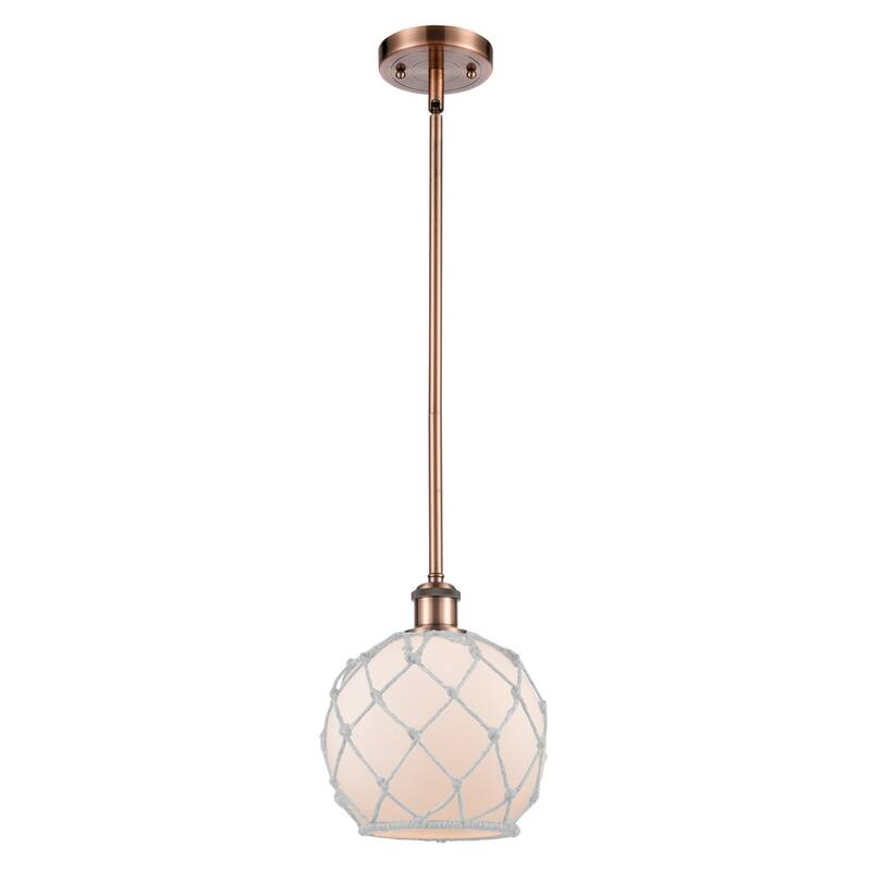 Innovations Lighting Farmhouse Rope 8" Wide Mini Pendant - Antique Copper / White Glass with White Rope