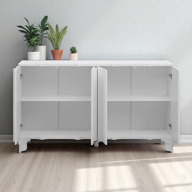 Sophisticated 4-Door Sideboard with Linear Accents & Pine Veneer Finish, Adjustable Storage for Study & Entryway