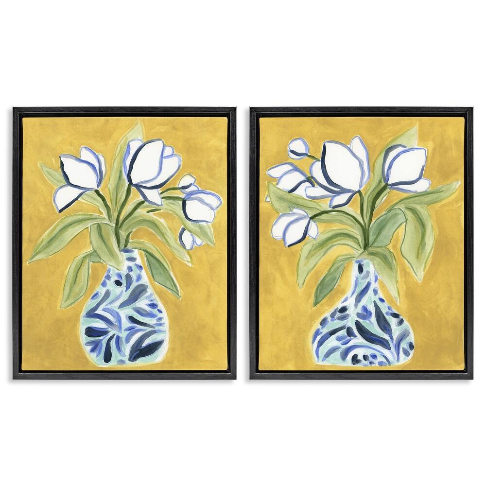 Stupell Tulip Vases on Yellow Framed Floater Canvas Wall Art Design By June Erica Vess (Set of 2)