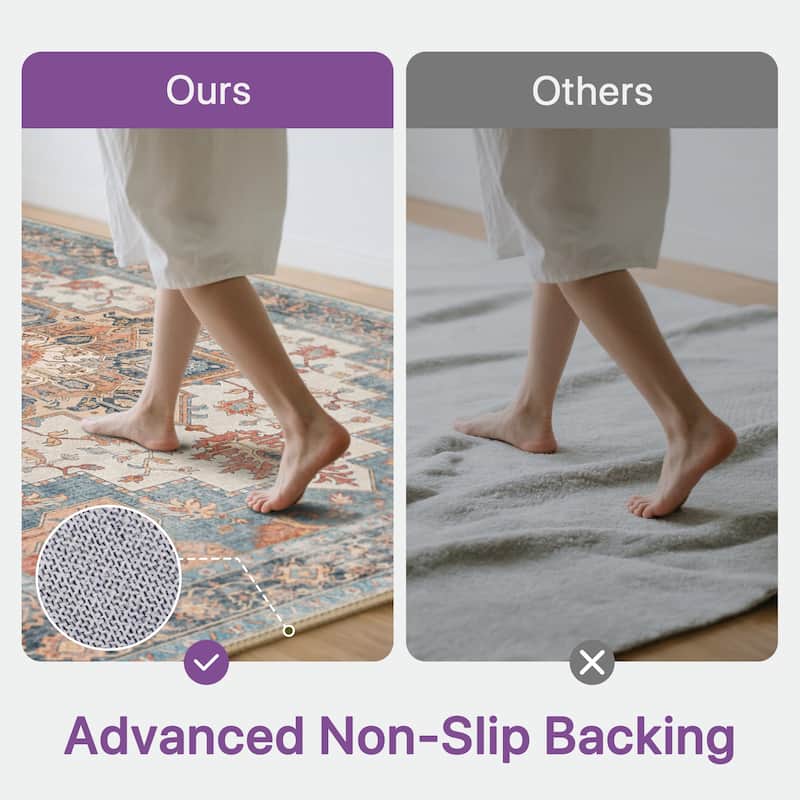 Mcow Neutral Floral Low Pile Machine Washable Non-Slip Area Rug