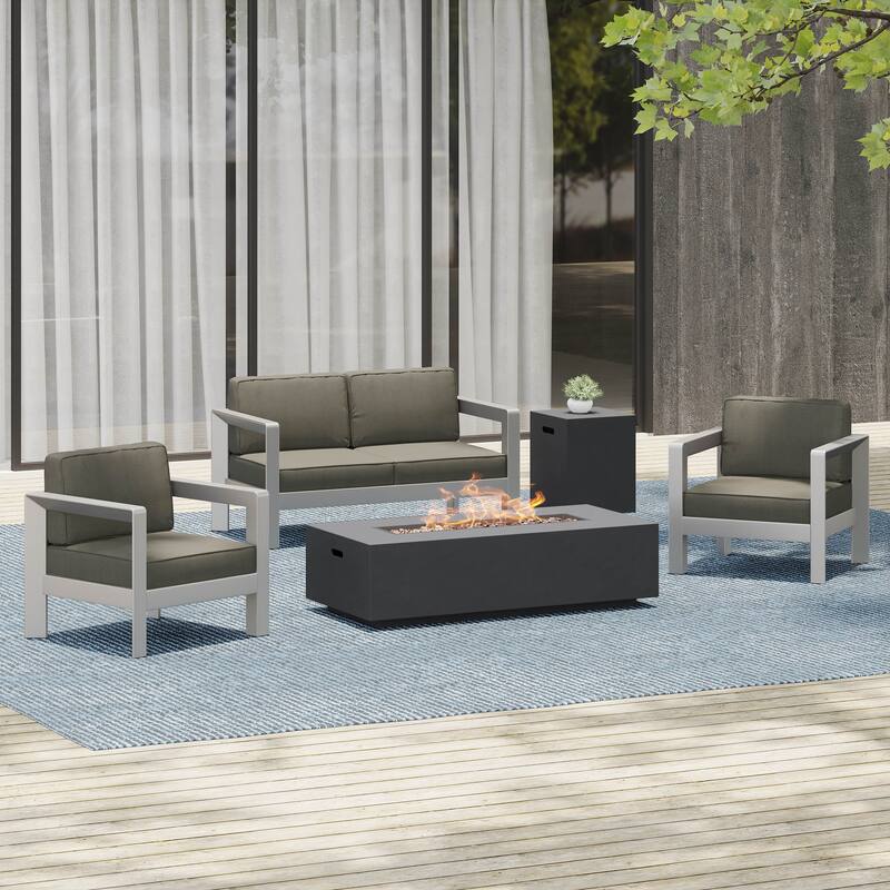Aviara Outdoor 4-Seater Aluminum Chat Set with Fire Pit and Tank Holder by Christopher Knight Home - Silver+Dark Gray+Gray Cushion
