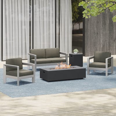 Aviara Outdoor 4-Seater Aluminum Chat Set with Fire Pit and Tank Holder by Christopher Knight Home