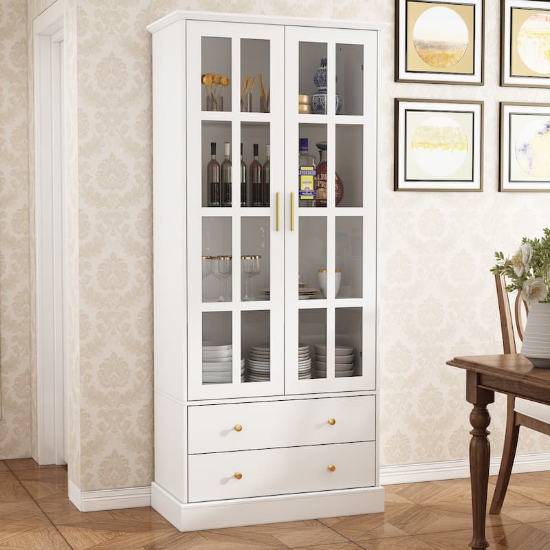 Glass Display Cabinet with 4 Shelves, 2 Doors Curio Cabinets Pantry - 31.5"Wx70.1"H