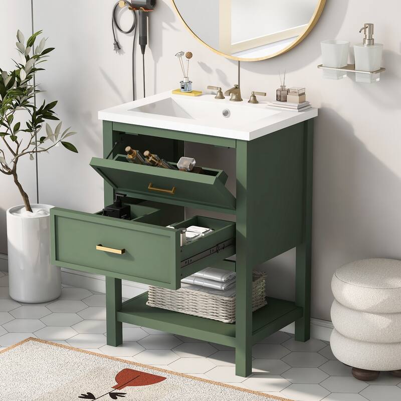 24" Compact Bathroom Vanity with Top-Mount Sink - 2-Drawer Storage Cabinet - Space-Efficient Design for Small Bathrooms