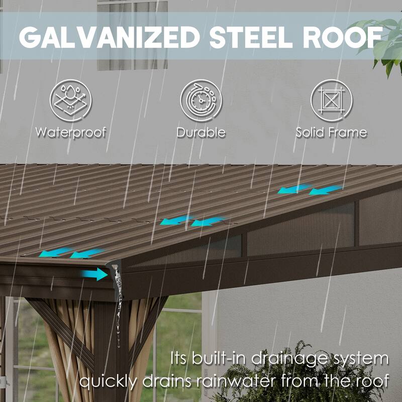 12x16 ft Rectangle Gazebo Sloping Galvanized Steel Roof Hardtop Gazebo with Curtains and Netting