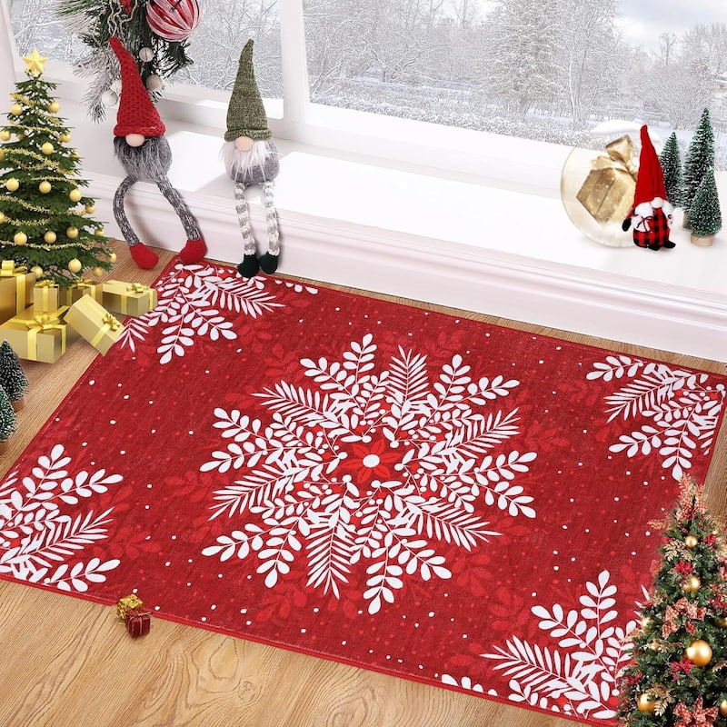 Christmas Snowflake Washable Area Rug, for Holiday Decor, Red