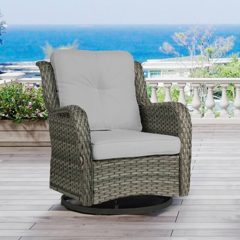 Outdoor Rattan Wicker Swivel Lounge Chair Cushioned Patio Rocker - Light Grey