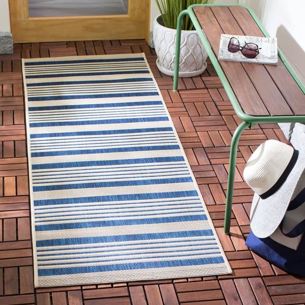 slide 2 of 15, SAFAVIEH Courtyard Charmaine Indoor/ Outdoor Waterproof Area Rug 2'3" x 10' Runner - Navy/Beige
